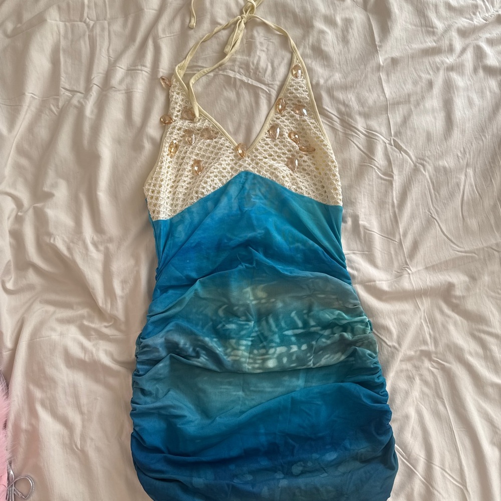 Blue and White Crochet and mesh Halter Dress